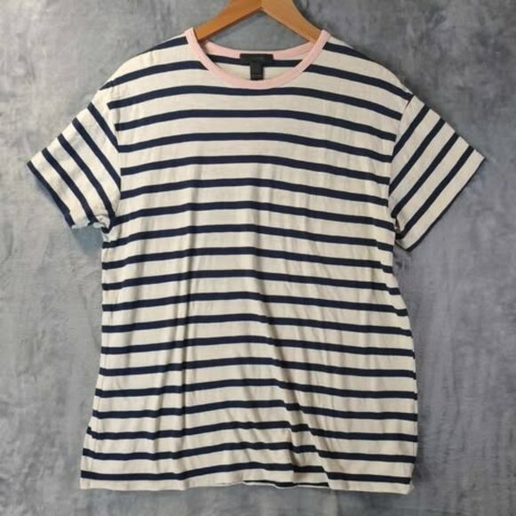 J.Crew‎ Navy Stripe Tee with Pink Trim Size M 100% Cotton comfy cute pink trim - Picture 1 of 10